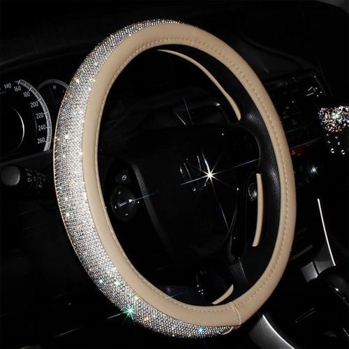 Beige Universal Non-Slip Crystal Steering Wheel Cover With PU Leather And Bling Diamond Rhinestones, Decorative Sparkly Car Accessories Case, 15-Inch