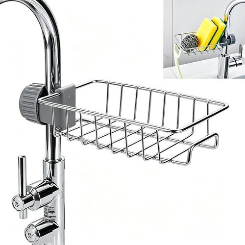 Adjustable Stainless Steel Tap Sponge Holder, Kitchen Sink Drain Storage Basket, Sink Caddy Organizer Rack for Kitchen Faucet