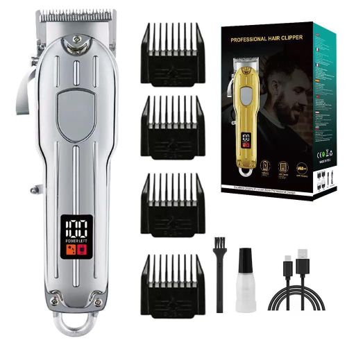 Professional Cordless Hair Clipper with Digital LCD Display – Silver Rechargeable Men’s Trimmer Grooming Kit with 4 Guide Combs and USB Charging for Home and Barbershop Use