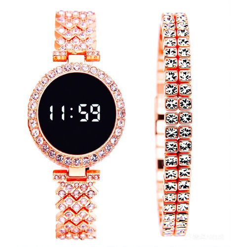 2-Piece A fashionable And Casual Digital Watch For Women With An Alloy Band And Led-Rose Gold Wristwatch Bracelet Set