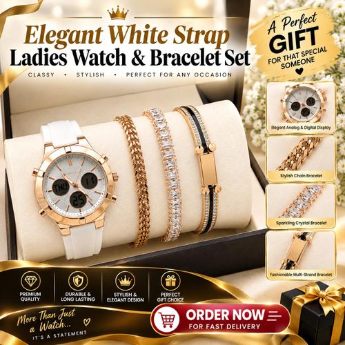 Elegant White Strap Ladies Watch & Bracelet Set And Elegant Style For Unique Ladies