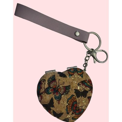 heart-shaped cork coin purse and keychain with inbuilt mirror