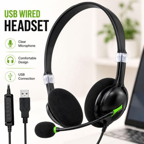 USB Wired Headset with Microphone, Lightweight Stereo Headphones for Online Classes, Office Calls, Gaming & Video Meetings