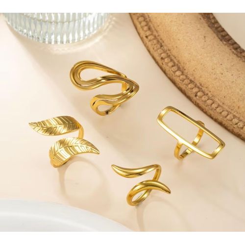 4pcs Stainless Steel 18k Gold-Plated French-Style Vintage Leaf Geometric Open Ring Set, Double Leaf Wavy Hook Hollow Square Frame Light Luxury Ring Set, Daily Casual Commuting Gift for Women's Jewelry
