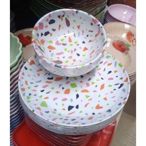 White unbreakable 6 Cereal Bowl + 6 Breakfast Plate Set with dots designs- 12pcs