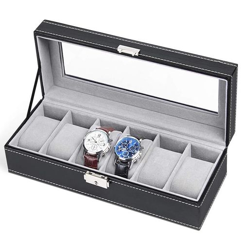 6 Slots Watch Box Organizer for Men, Black Watch Holder Stand Display Storage Case