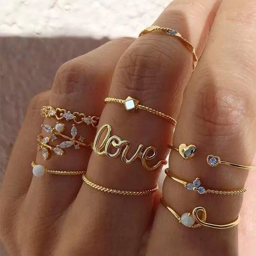10pcs Gold Trendy Rings With Crystal Accents Knuckle Ring Set for ladies