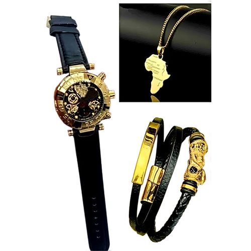 Very Classy & Rugged Black Leather Wristwatch + Necklace & Wrist Set For High Class Men