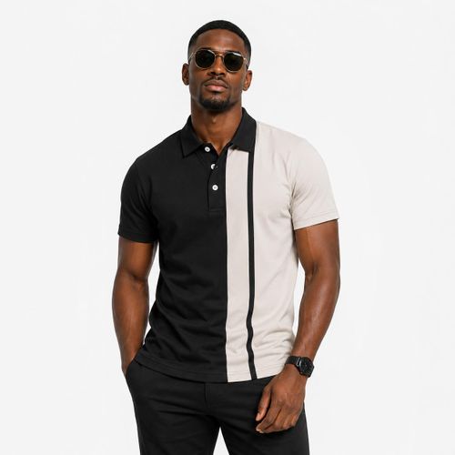Vincent Men's Polo Shirt - Black & Beige Color Block Short Sleeve T-Shirt