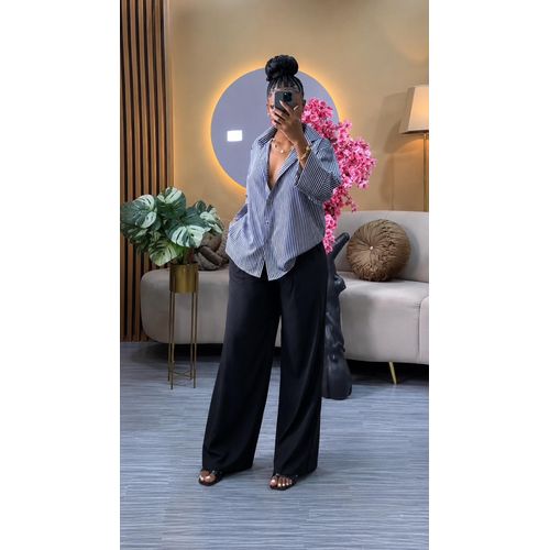 Women’s Striped Oversized Button-Up Shirt & Black Wide-Leg Trouser Two-Piece Set