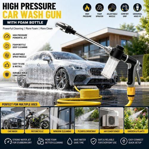 High Pressure 15M Car Wash Water Spray Gun with Foam Bottle – 360° Rotating Adjustable Nozzle, Stainless Steel Barrel, Anti-Slip Ergonomic Handle, Multi-Pattern Jet Fan & Shower Sprayer for Car, Motorcycle, Garden, Window & Home Cleaning