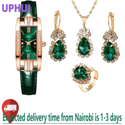 UPHUI 5Pcs Women's Watch Set Earrings Necklaces Rings Wrist Watch