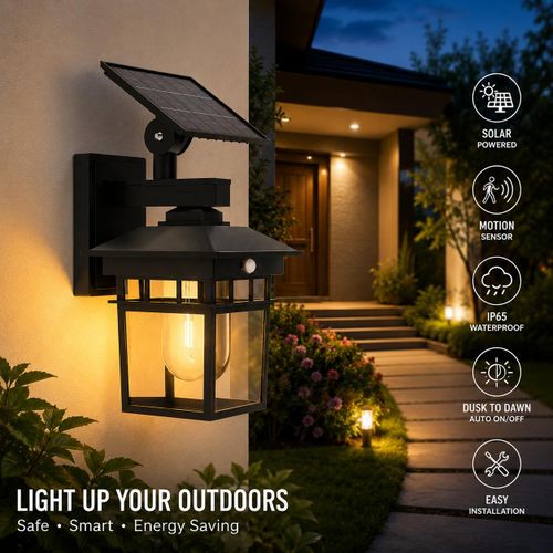 Outdoor Solar Lighting System – High Brightness Solar LED Street Light & Motion Sensor Wall Lamp, Waterproof Rechargeable Wireless Night Light, Dusk to Dawn Security Floodlight for Home, Garden, Yard, Fence, Patio & Garage – Black