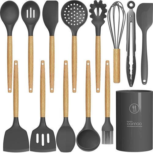 14 Pieces Of Premium Quality Silicone Non-Stick Spoon Set/Wooden Handle Silicone Non Stick Spoons Set/Silicone Cooking Utensils Set