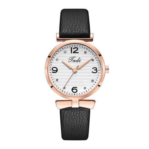 Women’s Black Gold Quartz Watch – Cream Dial, Pink Leather Strap, Minimalist Chic