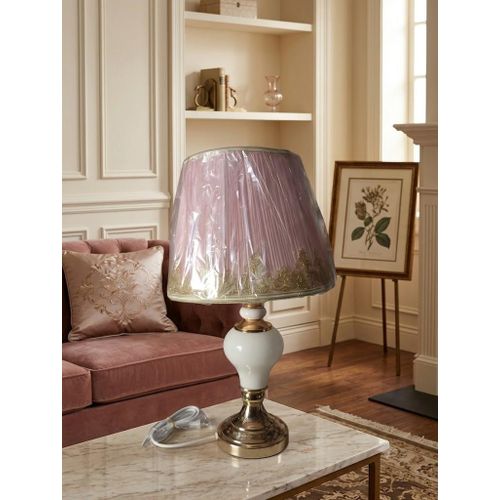 Vintage European Ceramic & Pleated Dust-Pink Table Lamp