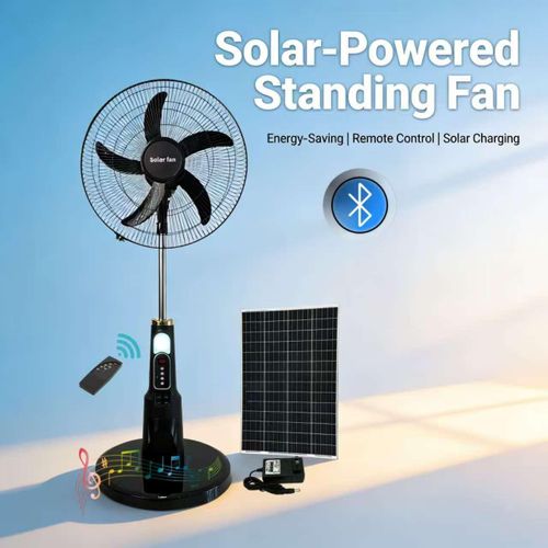 18-Inch Rechargeable Solar Fan with Bluetooth Remote Control - Black