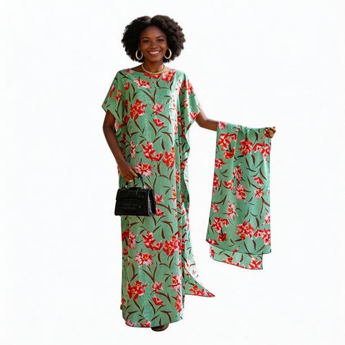 African Women's Kaftan Long Dress 140x80cm - Green Red Floral Print Breathable Polyester Loose Robe (Give a headscarf as a gift)