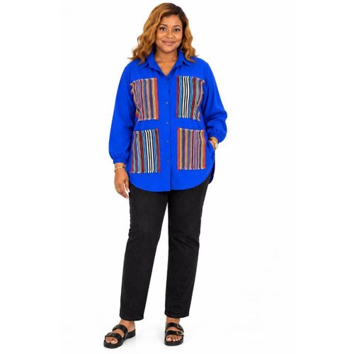 Women’s Royal Blue Long Sleeve Shirt with Multicolour Striped Aso Oke Patch Pockets – Stylish Casual Top