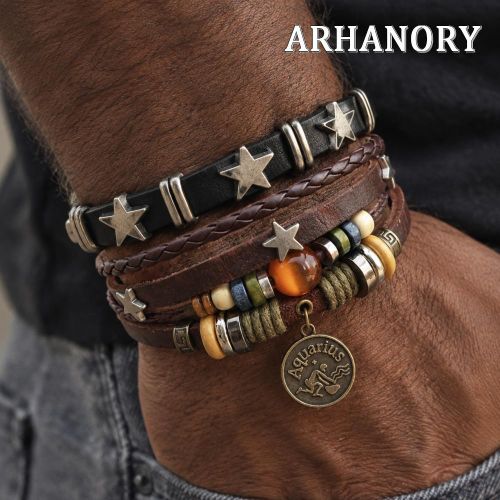 2pc Sagittarius Bracelet Set Adjustable Braided Zodiac Gift - Black & Brown