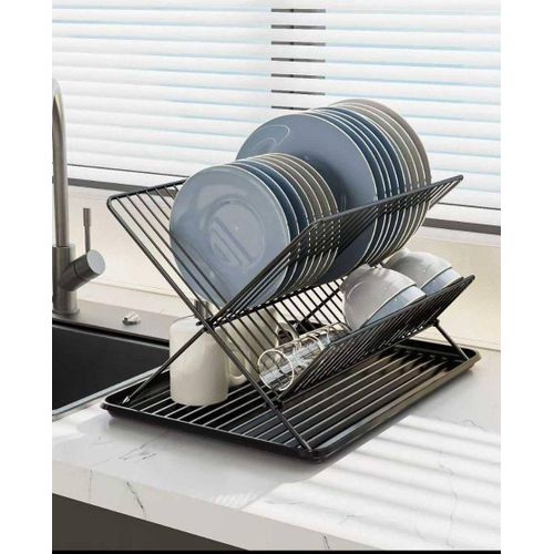 Premium 2-Tier Black Dish Rack with Drip Tray – Space-Saving & Durable