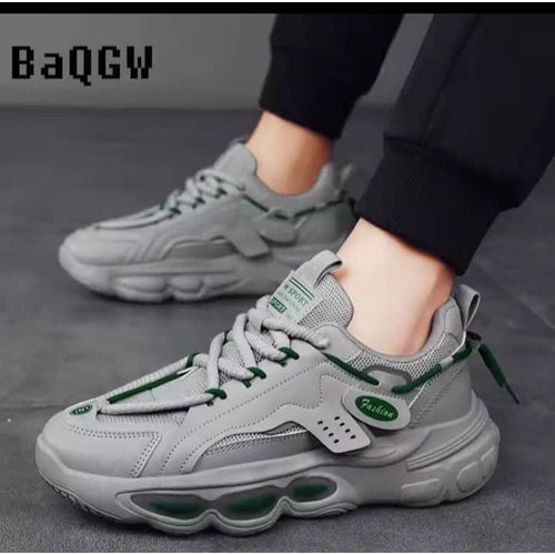 Men's Layered Sport Platform Sneakers - Cool Grey & Forest Green Accented Casual Walking Shoes
