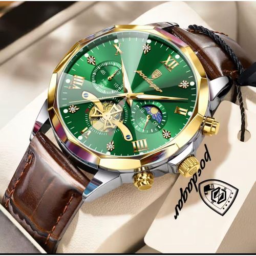 Extra Premium & Highly Authentic Animal Skin Unisex Brown/Green Active Chronograph Leather Strap Wristwatch