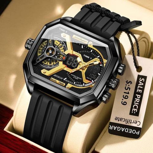 Men's Trendy Black Chronograph Multifunctional Silicon Band Wristwatch Water Resistant