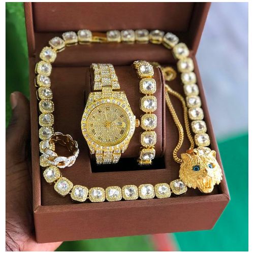 Iced Crested Elegant Deluxe Set Of Jagged WristWatch + Iced Necklace & Bracelet For Top Men/Women