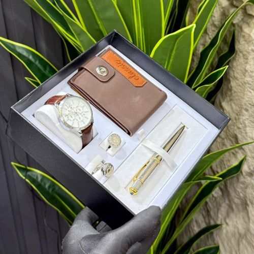 Very Rugged & Original Men's Complete Brown/Silver Leather Wristwatch/Cufflinks/Wallet/Pen Set