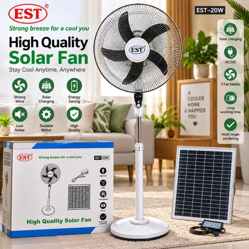 Energy Max Solar Rechargeable Fan – AC/DC Standing Fan for Home & Office
