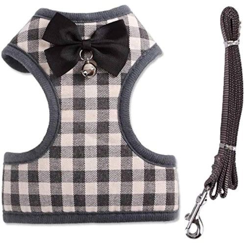 Harness With Bow Tie And Leash Set With Bell - Grey