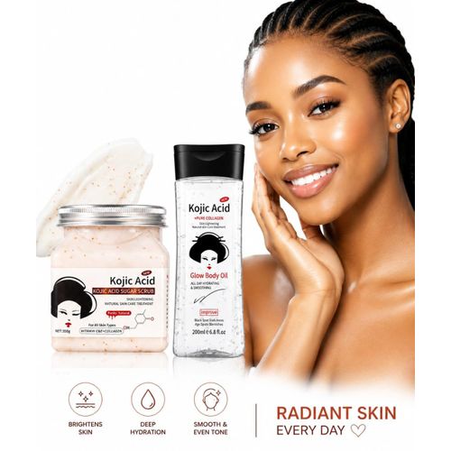 Kojic Acid Brightening Skincare Set – Sugar Scrub 350g & Glow Body Oil 200ml For Smooth, Hydrated & Radiant Skin... 2in1
