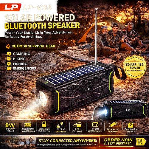 LP-V95 Solar Rechargeable Bluetooth Speaker with LED Flashlight, FM Radio, TF Card & USB Portable Outdoor Wireless Speaker with Deep Bass Sound & Emergency Light