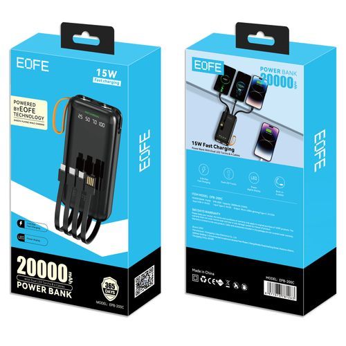 20000mAh 15W In-Built 4 Cables LED Torch Fast Power Bank