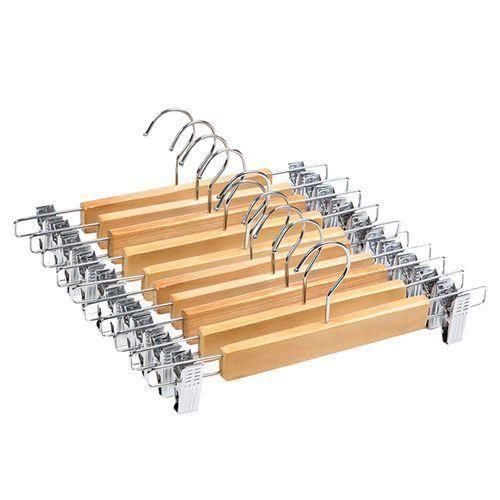 Wooden Skirt And Trouser Hanger With Adjustable Clips - 10Pcs