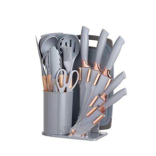 19-Piece Premium Silicone Kitchen Utensil and Stainless Steel Knife Set Grey
