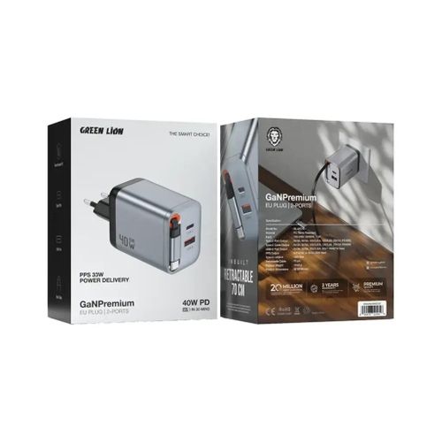 Fast Charging PD 40W GaN 2 Ports Premium EU Plug Wall Charger + Retractable Type-C Cable - Gray