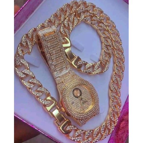 Very Classy & Sparking Non Fading Iced Out Gold Wristwatch/Necklace/Chain