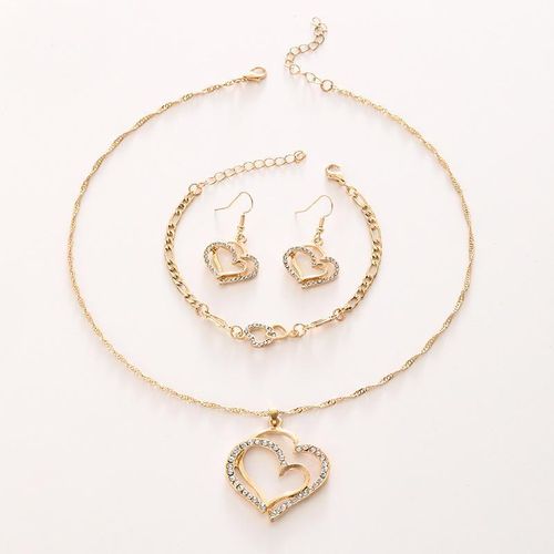 3 in 1 Love Pendant Jewelry Set including Double Heart-shaped Necklace Bracelet Earrings