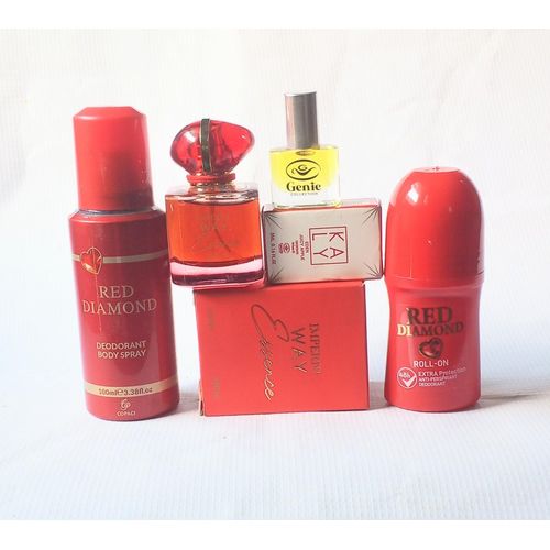 Special Perfume of 4 in 1 of Red Diamond Deodorant Body Spray 100ml NRN:A2- 101001 Imperio Way Essence Red EDP 30ml, Kaly Red Oil Perfume 5ml and Red Diamond Deodorant Roll On 50ml(Unisex perfect choice) Valentine/Xmas gift package NAFDAC NUMBERS
