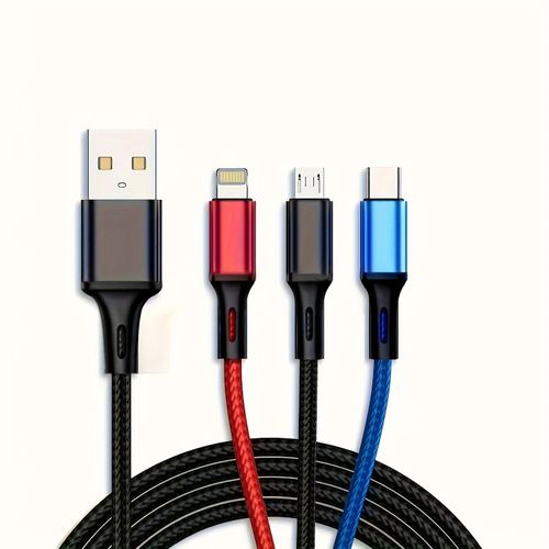1pcs Multi USB Charger Cable 3in 1 Charging Cable Nylon Braided Universal USB Charging Cord with Type-C, Micro USB, IP Port for Most Cell Phones & Pads-Multicolor