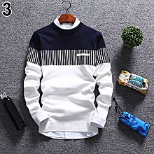 Men&#039;s Autumn Fashion Casual Strip Color Block Knitwear Jumper Pullover Sweater-Blue