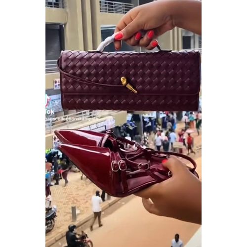 Women’s Luxury Burgundy Patent Pointed Toe Heels & Woven Clutch Bag Set