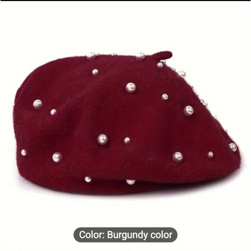 BEADED PEARL BERET EMBELLISHED WOOL BERET WINE