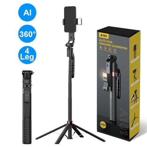 A101 AI Intelligent Auto Face Tracking Quadripod – 3-in-1 Extendable Selfie Stick, Portable 1.8m Tripod, and 360° Rotatable Gimbal Stabilizer with Integrated Fill Light & Wireless Remote