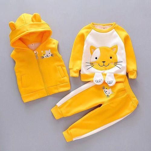 Winter Baby Girls Boys Cat Clothing Set Kids Thick Warm Pants Suit Children Plus Velvet Tracksuit Toddlers Hooded Vest 3Pcs 14T WTYellow