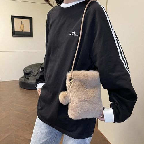 Women Plush Crossbody Bag Solid Color Mobile Phone Bags Versatile Mini Wallets Plush Shoulder Bags Autumn Winter Coin Purse