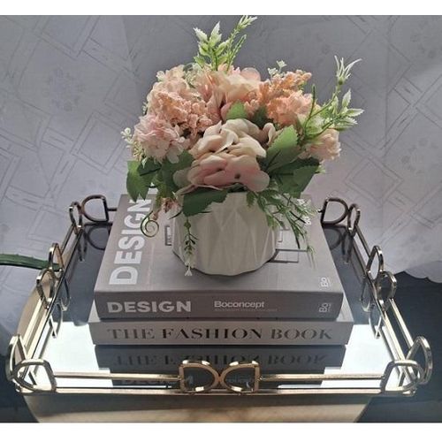 3 pc vanity tray, faux books and potted plant decor set