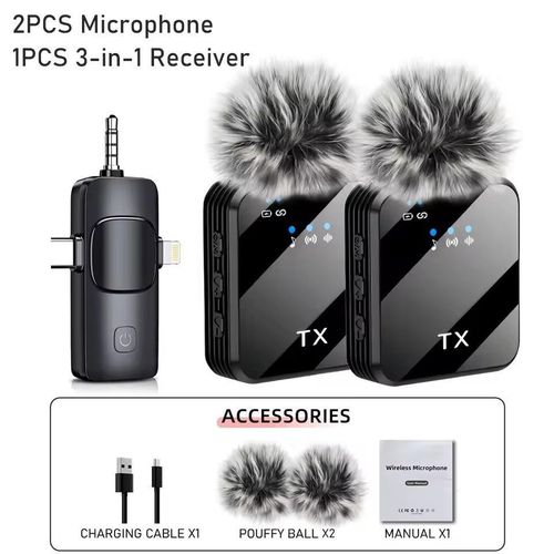 F11-2 3-in-1 Wireless Lavalier Microphone,Noise Reduction Clip-On Mic for iPhone & Android-Black